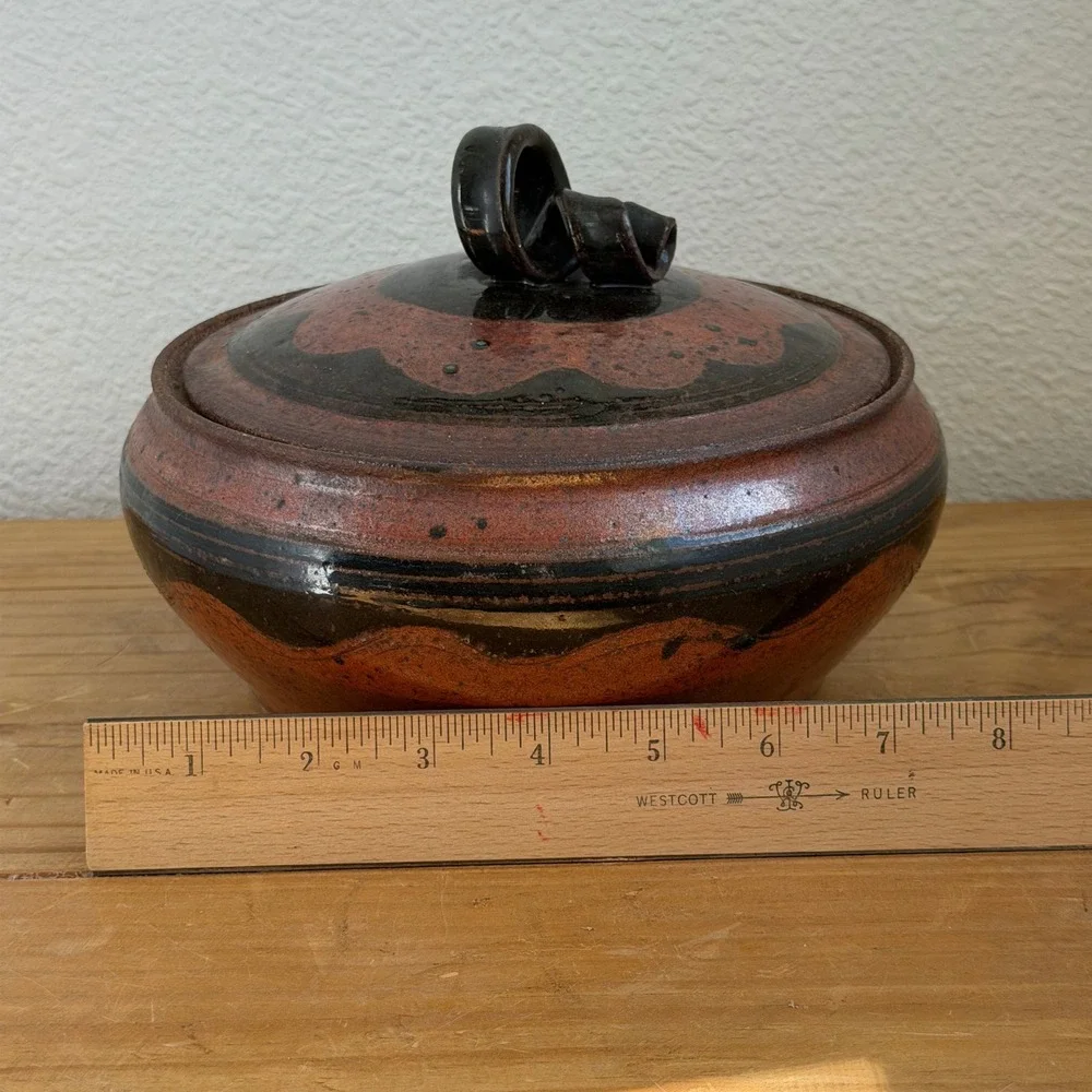 Studio‎ Pottery Lidded Bowl, Hand Thrown Rust Copper Black Glaze, Ceramic Vessel